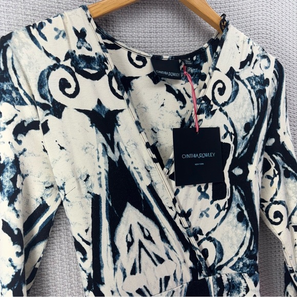 NWT Cynthia Rowley Black/Blue/White Stretchy Wrap Midi Dress Women Small Boho - Picture 2 of 8